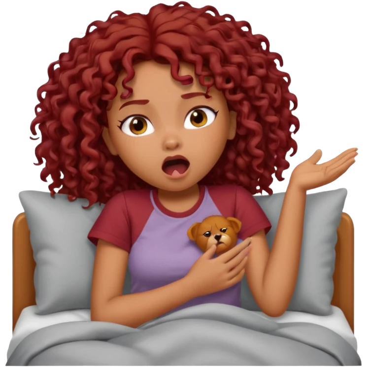 generate a pretty bratz brown skinned girl curly dark red hair, yawning in bed in a grey tshirt bored. emoji