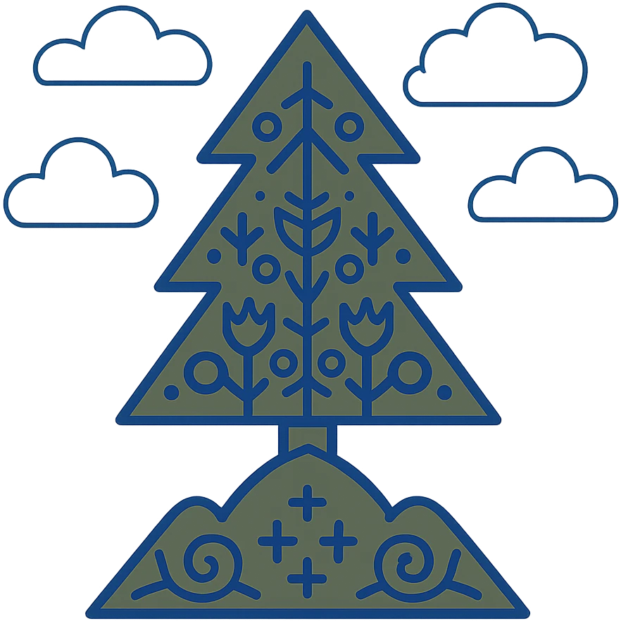 simple single evergreen tree with clouds and mountain blending Scandinavian and Slavic folk motifs, dark neutral forest colors, suitable for favicon or emoji emoji
