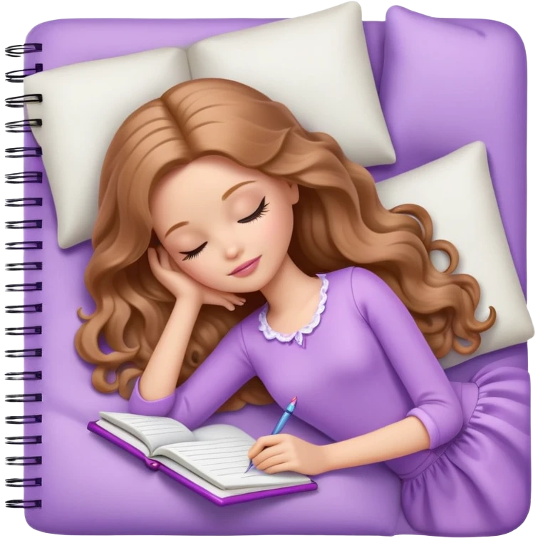 White Barbie girl Chestnut long wavy hair sleeping with In lavender clothes, he writes in a notebook emoji