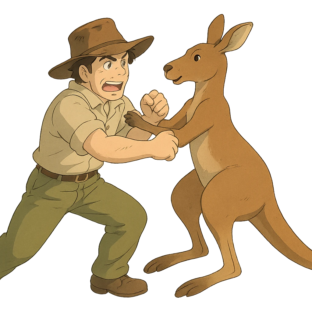 ghibli style illustration of a man with an Australian hat in a playful fight with a kangaroo emoji