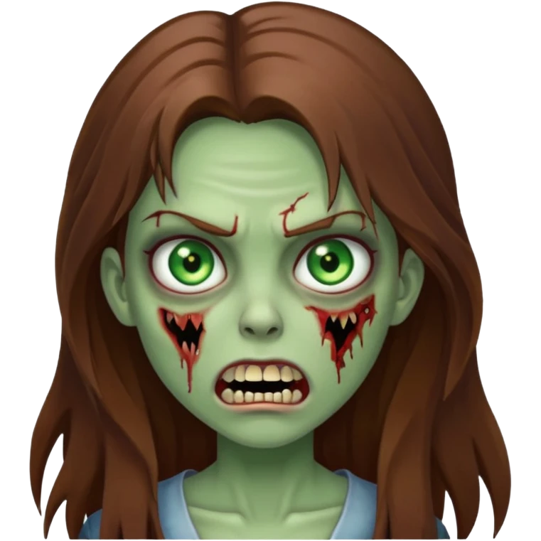 Girl zombie with brown long hair with teeth and serious face  emoji