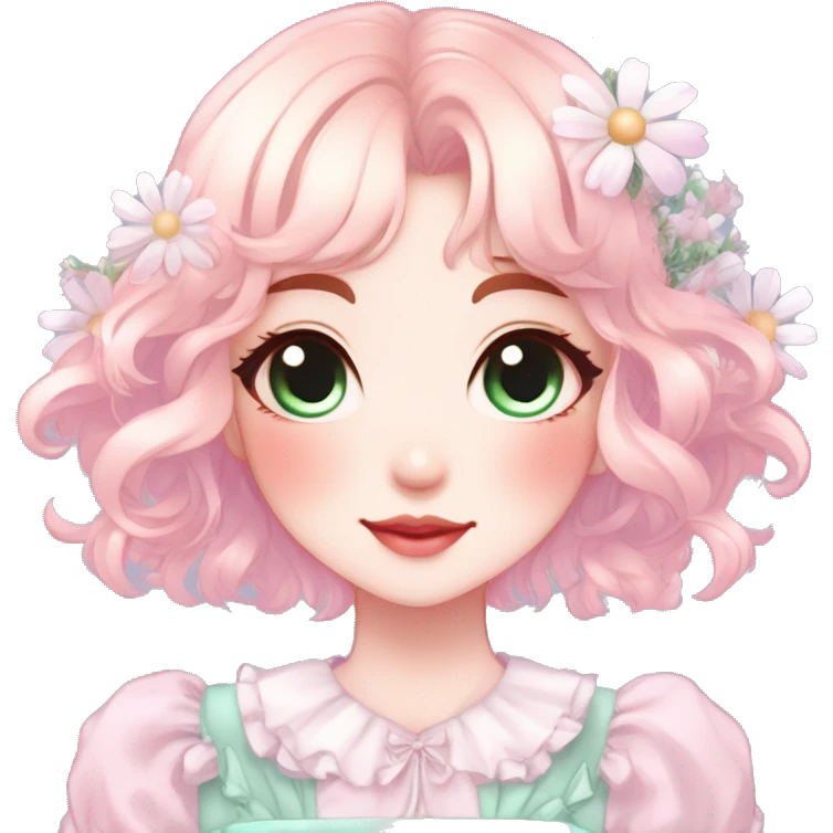 Gorgeous pastel anime style lady with blushing face and daisies cottagecore fairycore pastelcore shiny colorful pearly aesthetic trending style emoji