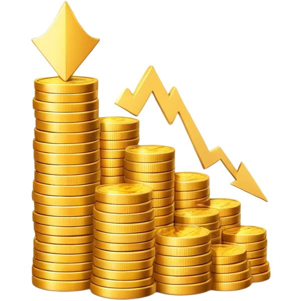upward arrow next to gradually increasing stacks of gold coins, showing progression emoji
