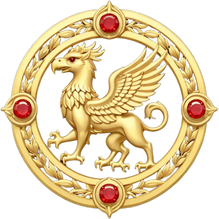 Golden griffin crest / brosch in a circle with red gems and no background emoji