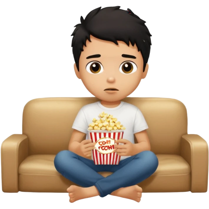 generate a pretty tan bratz boy with black messy hair eating popcorn and watching tv, wearing white tshirt emoji
