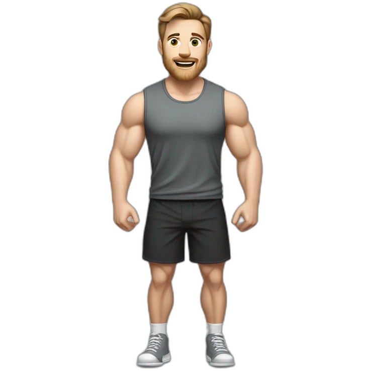 Full height realistic Actively gesturing with hands Pale skinned Fit Man With the biceps and brown hair in dark gray Sleeveless Mike, black oversize sports shorts, watch and white Sneakers emoji