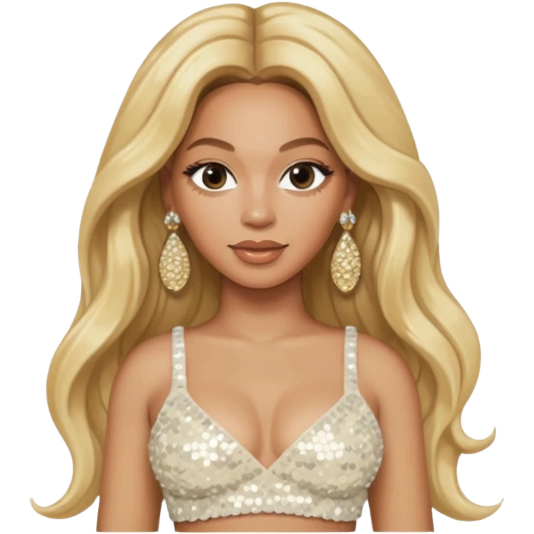 Beyonce with long blonde hair, ivory sequin crop top, ivory earring emoji
