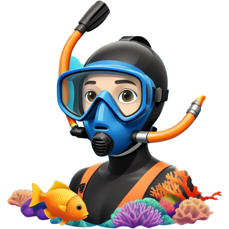 An icon featuring a close-up of a freediving mask and snorkel, with a breath-holding diver's fins, set against a vibrant underwater world. The design includes coral reefs, fish, and bubbles, symbolizing the serene beauty and thrill of freediving. Transparent background highlights the calm emoji