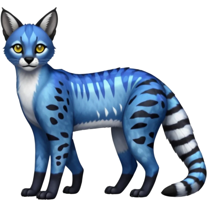 Colorful dark tropical cobalt-blue, black, white fur, with g yellow eyes, iridescent glorious divine exotic cute cool beautiful shiny beautiful fantasy-caracal-civet-genet-sergal-vernid-Cacomistle-oncilla-animal-Fakémon-hybrid-fursona with pattern markings (full body) emoji