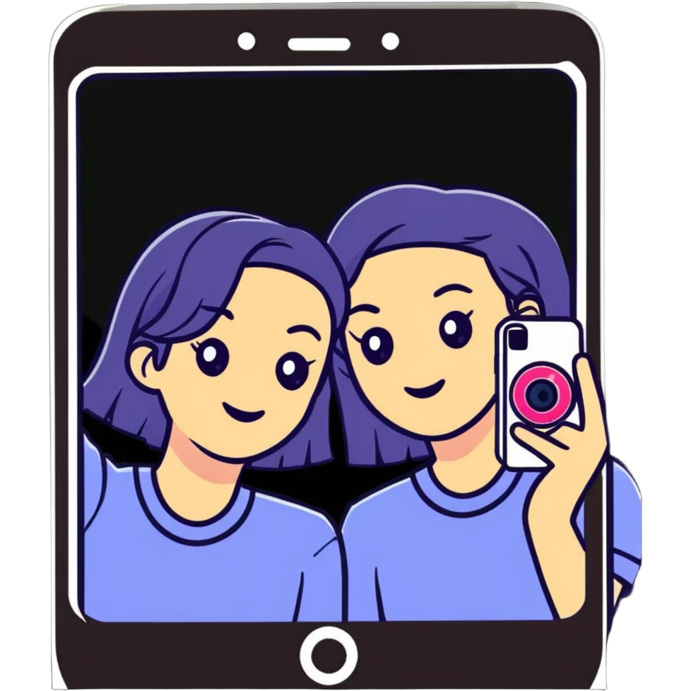 Two best friends taking a selfie together with Instagram frame, holding a phone, Instagram worthy emoji