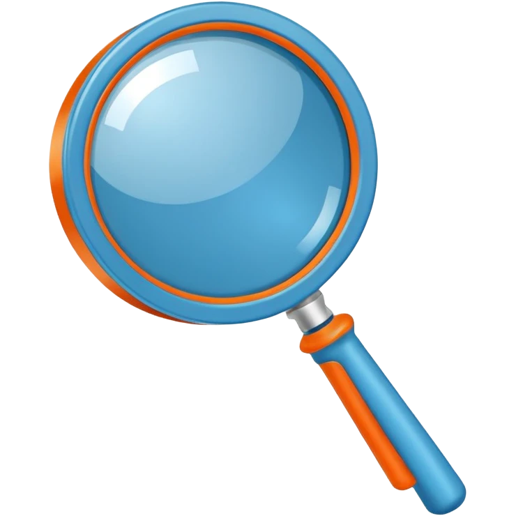 A stylized blue magnifying glass tilted right, flat design, minimalist, vibrant orange handle, white circular background, high resolution, 2048x2048 pixels, vector art, clean lines emoji