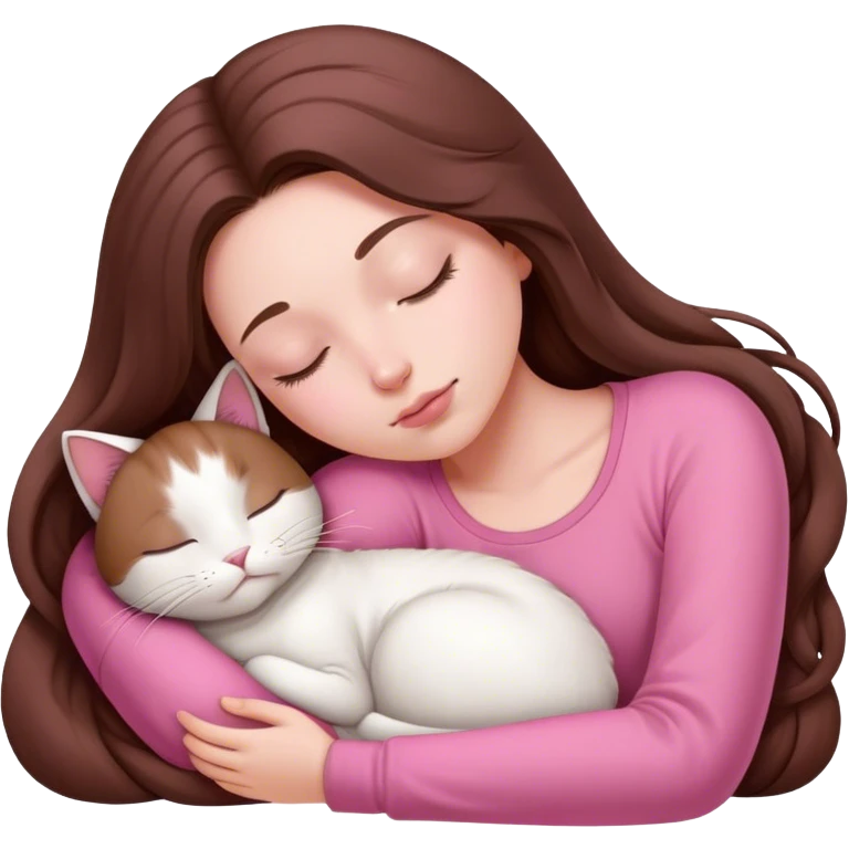 A pretty white girl with very long brown hair and pink clothing sleeping curled up to a white cat  emoji