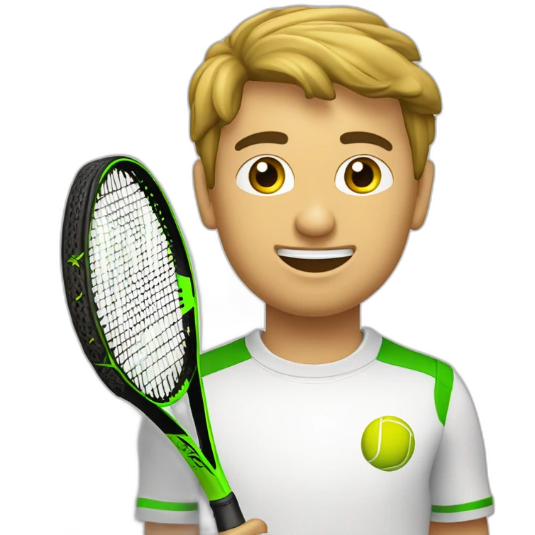 Ragazzo riccio con occhi verdi con maglietta gialla gioca stanco con una racchetta da tennis emoji