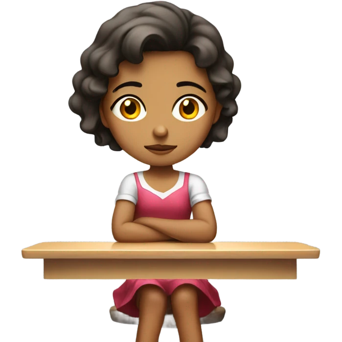 Girl in a short dress sitting at a table looking bored  emoji