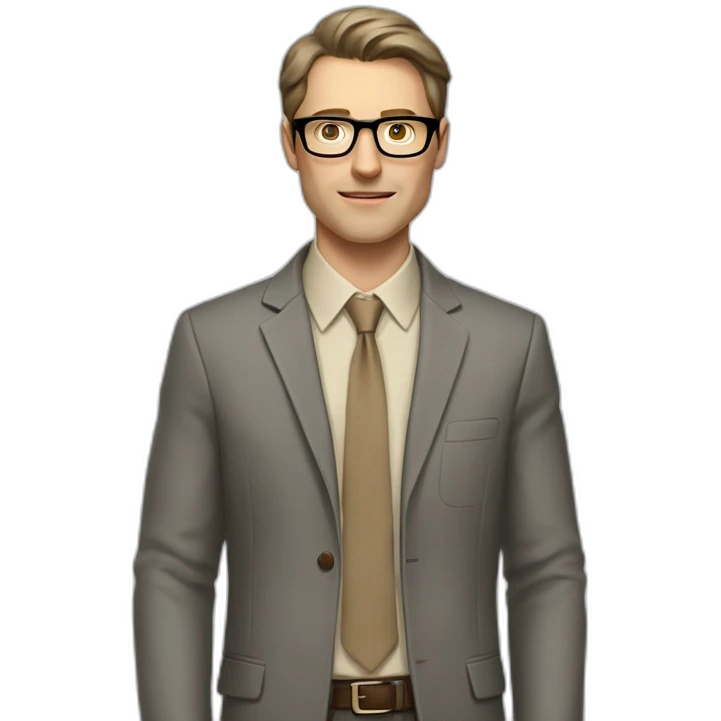 Full height Actively Gesturing Pale skinned fit man with dark brown hair in gray jacket, beige office shirt, brown tie, brown pants and vintage glasses. emoji