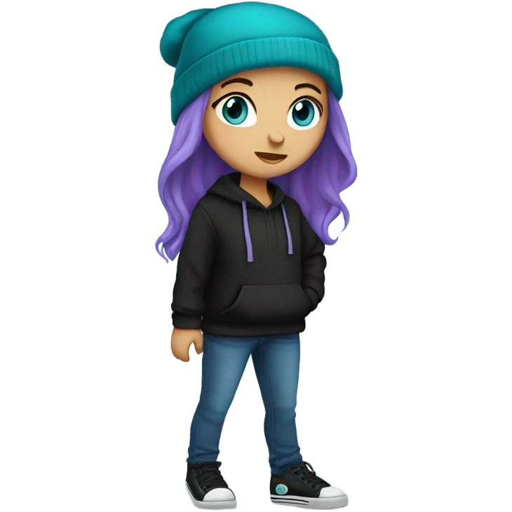 White girl, blue eyes, long teal hair, purple beanie hat, black hoodie, blue jeans, black shoes emoji