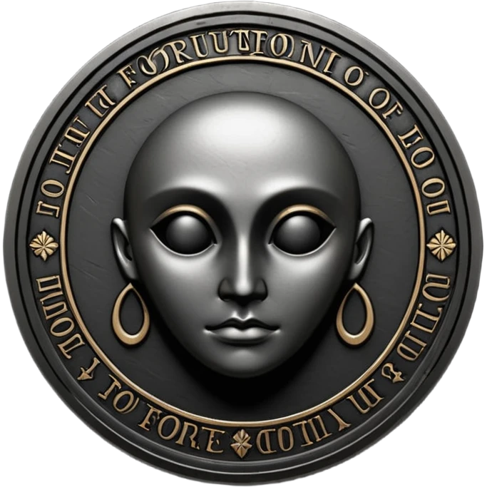 Emoji style, luxury gothic coin made of blackened metal, “FORTUNA” engraved in refined fashion typography, heavy sculptural form, subtle worn metal texture, avant-garde editorial aesthetic, no glow, no neon, flat emoji design, centered, transparent background emoji
