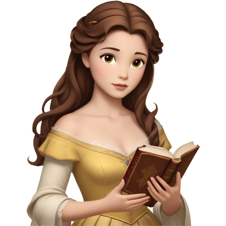 Cinematic Realistic Belle Portrait, depicted with lifelike skin texture, soft natural lighting, and intricately detailed brown hair styled elegantly. Her deep, expressive eyes exude warmth and intelligence, complemented by a serene and graceful expression. She gently holds a book in one hand, her other hand resting at her side, radiating an aura of beauty and intellect. She is dressed in her classic yellow ball gown, the fabric rich in texture with delicate folds that catch the light beautifully. The portrait features a soft, enchanting glow with a natural, radiant finish, capturing the essence of timeless beauty in a realistic and painterly style, evoking a sense of depth and authenticity. emoji