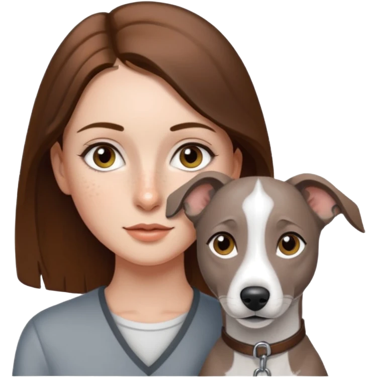 Pretty girl with freckles, straight brunette hair, hazel eyes and a grey and white whippet besid her emoji