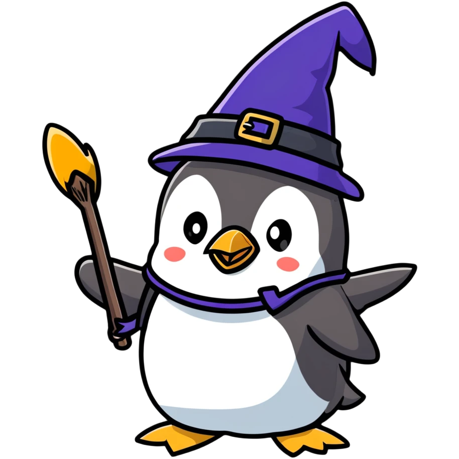 penguin with wizard hat casting a spell emoji