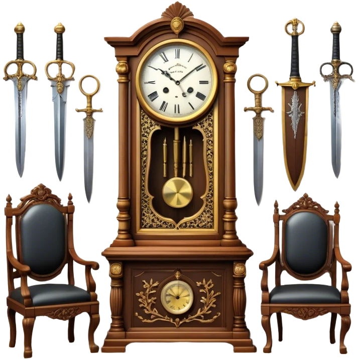 Icon for Antiques Collecting: a vintage clock, intricately carved furniture, famous paintings, antique swords, and rifles. The items are displayed on a wooden table or shelf. The icon should evoke the rich history and craftsmanship of antique collecting. Transparent background. emoji