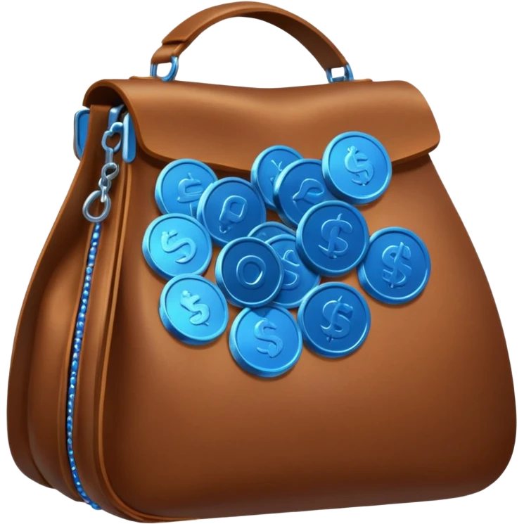 blue coins inside a brown leather bag  emoji