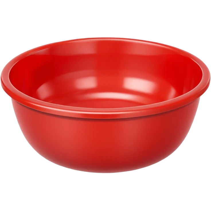 A bright red plastic household bowl. Smooth glossy surface, soft studio lighting, subtle shadow underneath. Product-style photography, crisp focus, minimalistic composition. emoji