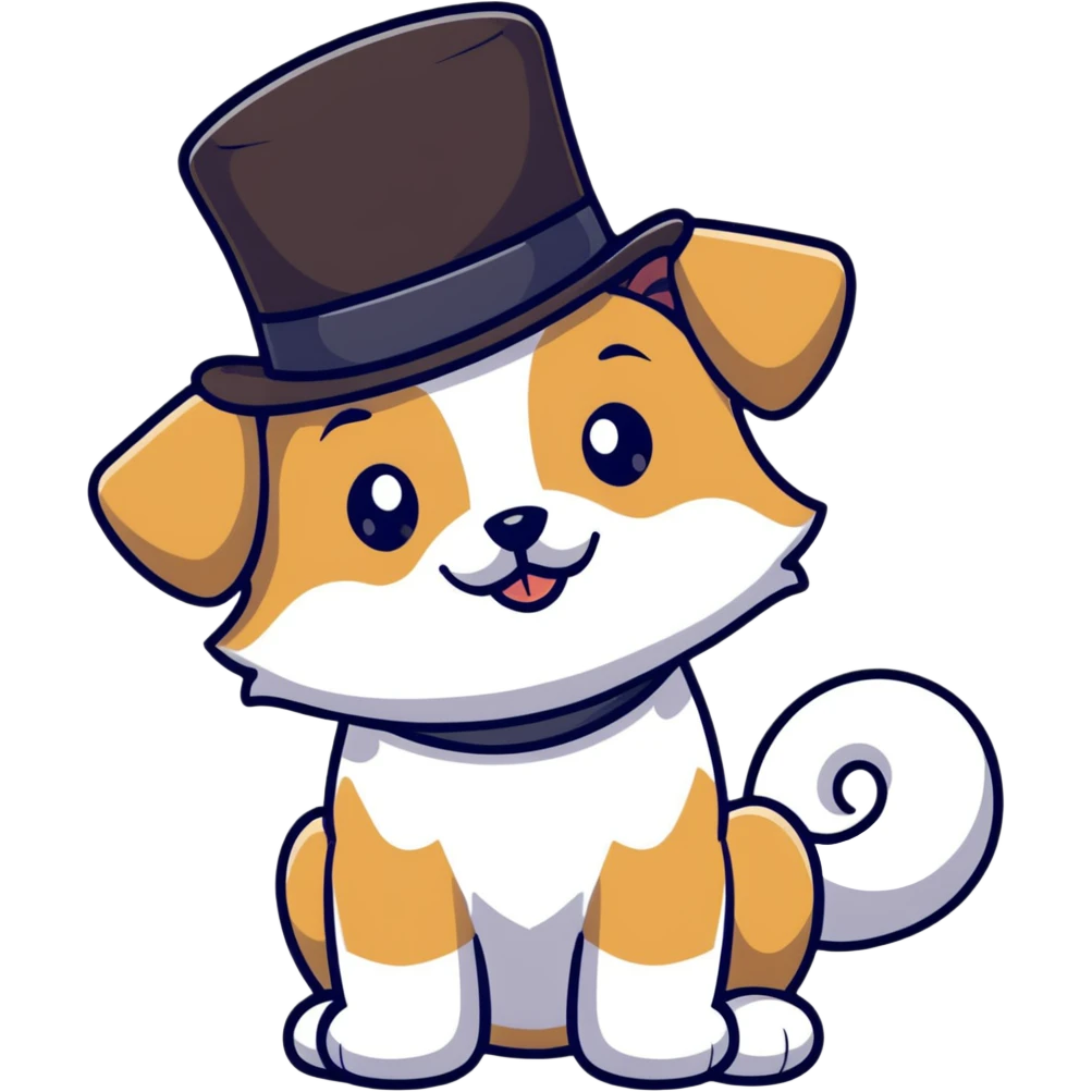 cute small tan and white dog with black nose, black round eyes, curly fluffy medium length hair, wearing a top hat emoji