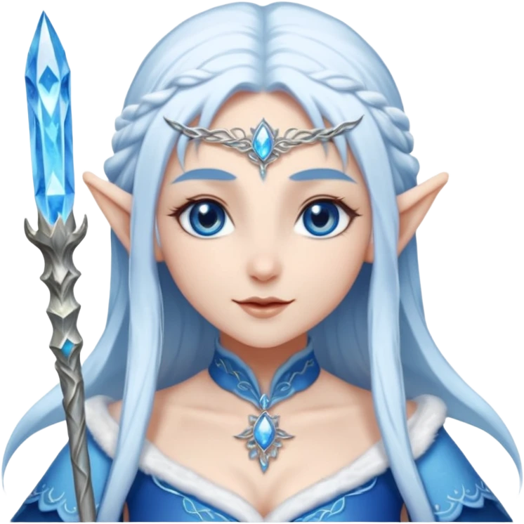 Legendary fantasy Christmas elf portrait icon, Santa Claus and Snow Maiden inspired, ancient winter spirit style, long flowing white-blue hair, glowing frost eyes, crystal staff, elegant elven features, divine winter magic aura, icy silver color palette, highly detailed but clean emoji icon emoji