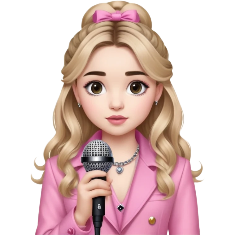 Sabrina Carpenter in a fancy pink outfit with a microphone emoji
