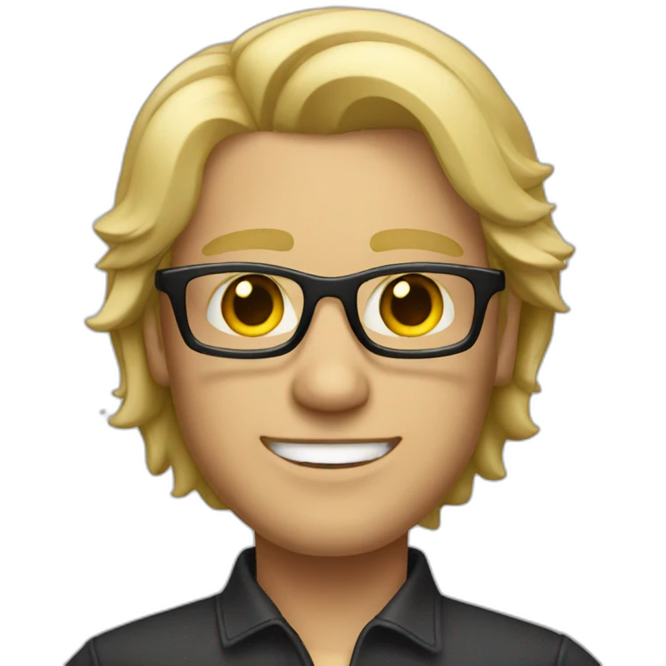 a man with blond hair with black glasses with small smile emoji