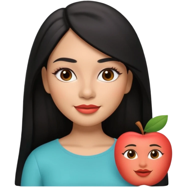 realistic Apple-style Memoji of a young Latina woman, medium warm skin tone, long straight black hair parted in the middle, defined eyebrows, almond-shaped dark brown eyes, full lips with coral lipstick, gentle smile, 3D look emoji