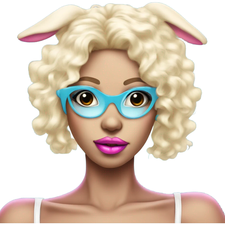  Blonde Gogo dancer ,light blue skinned face, Enid Sinclair wearing ,big floppy bunny ears pink lips  emoji