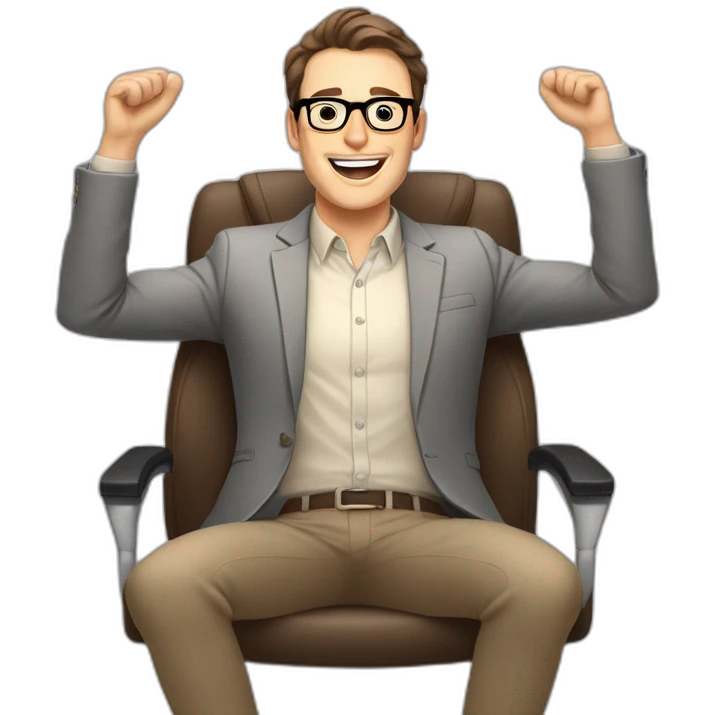 Joyful Celebrating victory Hands up Pale skinned Fit Man With dark brown hair in gray jacket, beige office shirt, Brown pants and vintage glasses sitting In a soft chair emoji