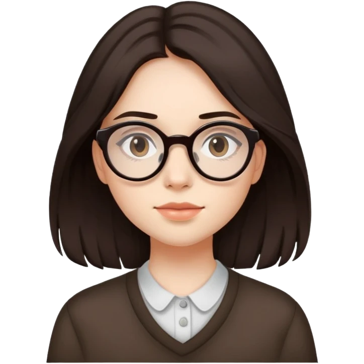 a teen girl with long layered dark brown hair with oval glasses, with an aura of aesthetic and minimalistic emoji