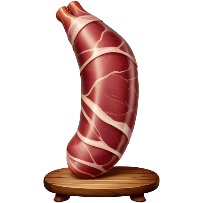 ​Cinematic Realistic Spanish Jamón Leg, depicted as a massive, cured leg of Jamón serrano (ham) with a deep reddish-brown hue, intricately marbled and slightly glossy with age, elegantly displayed on a rustic wooden stand and bathed in warm, soft lighting that accentuates its artisanal heritage, emoji