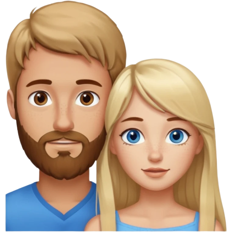 Woman with blue eyes and long blond hair and a bang in love with brown hait man with beard and freckles emoji