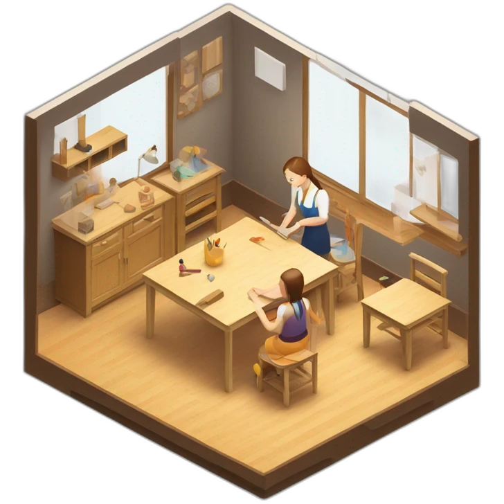 isometric square transparent solid outline border containing indoor woodworking teacher with student teaching in creative workshop on long table emoji
