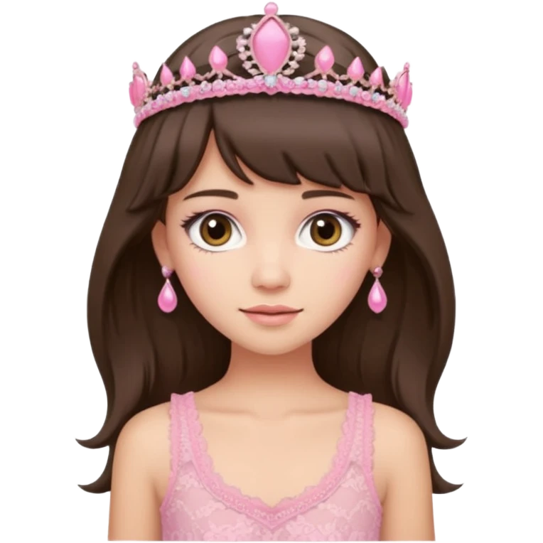 long haired brunette with curtain bangs cute pink lacy tank with a pink tiara on head, white but with a little bit of tan emoji