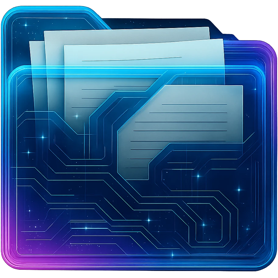 Add visible paper or documents inside the folder without changing the design, style, or perspective of the cyberpunk folder. Keep the glowing neon blue and pink edges, circuit patterns, and transparent background exactly as they are. Only add paper or documents so they look like they are inside the folder, maintaining the cyberpunk style and neon glow effect. emoji