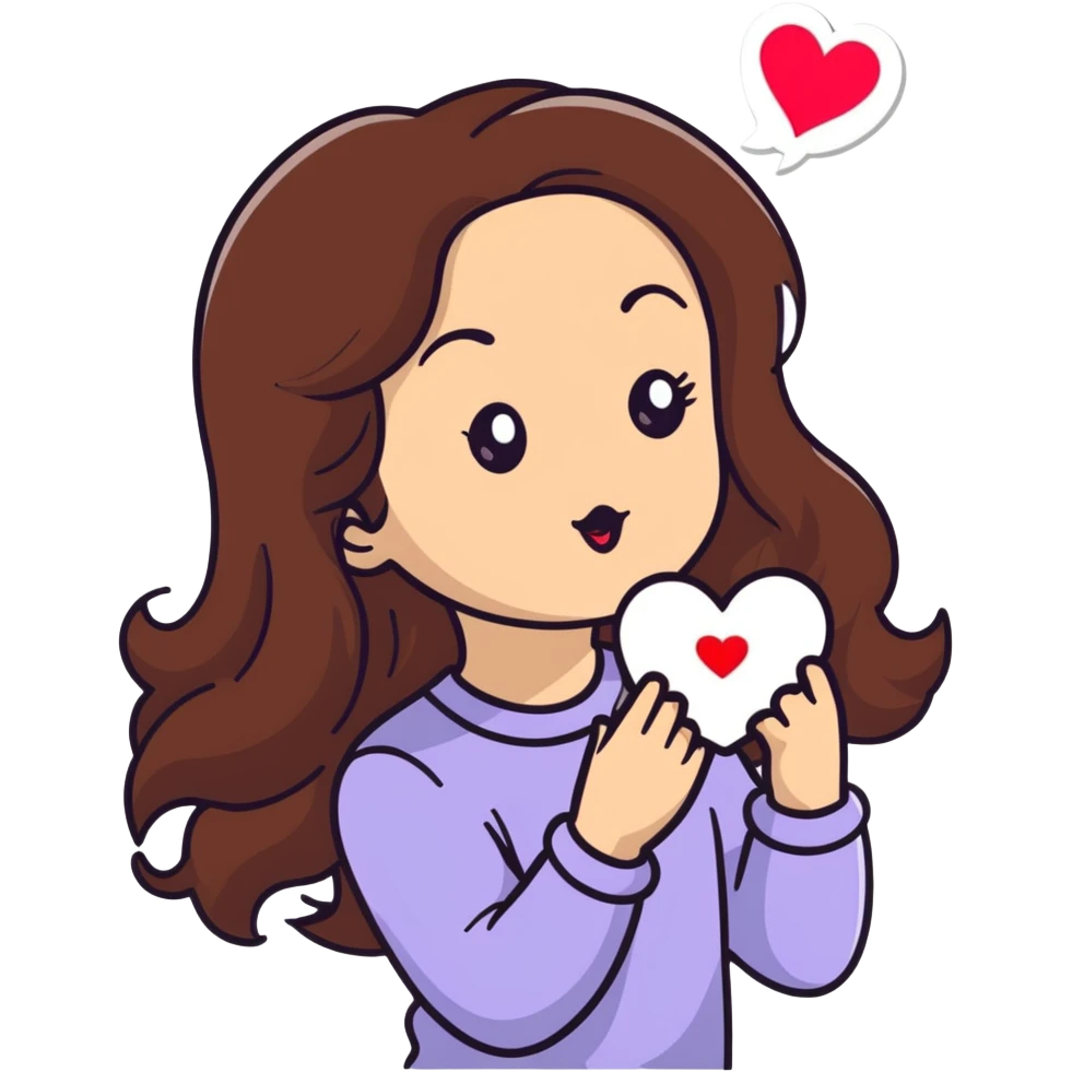 girl with long brown hair blowing a heart kiss emoji