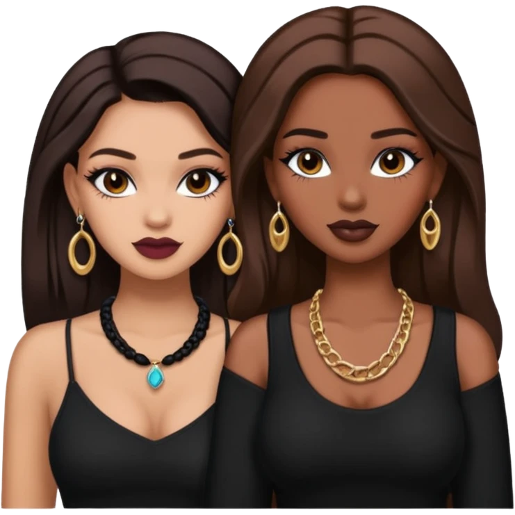 Boujy baddie best friends, trendy heavy makeup both dark hair one light skinned and one mocha brown pretty hair both wearing black and earrings and necklace one mocha brown skin better ones please  emoji