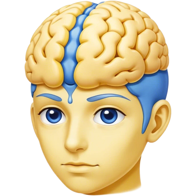 An adult person face emoji, skin is emoji yellow, with blue brain instead of hair emoji