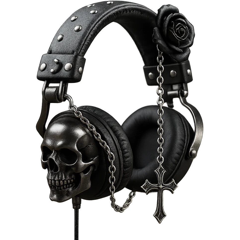 Add a silver chain, a gothic cross, and a black rose brooch to the realistic black gothic headphones with sculpted skulls, leather texture, and silver studs. Keep the background transparent. Maintain the realistic black gothic style with leather and silver details. emoji