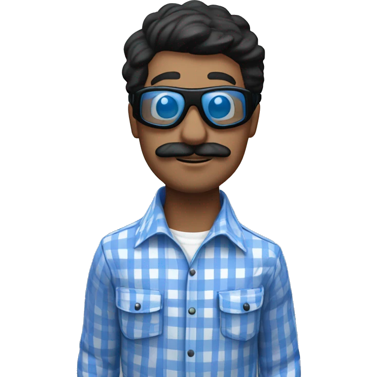 White man with straight black hair and thick black mustache, wearing a buttoned up blue and white gingham shirt and black skydiving goggles emoji