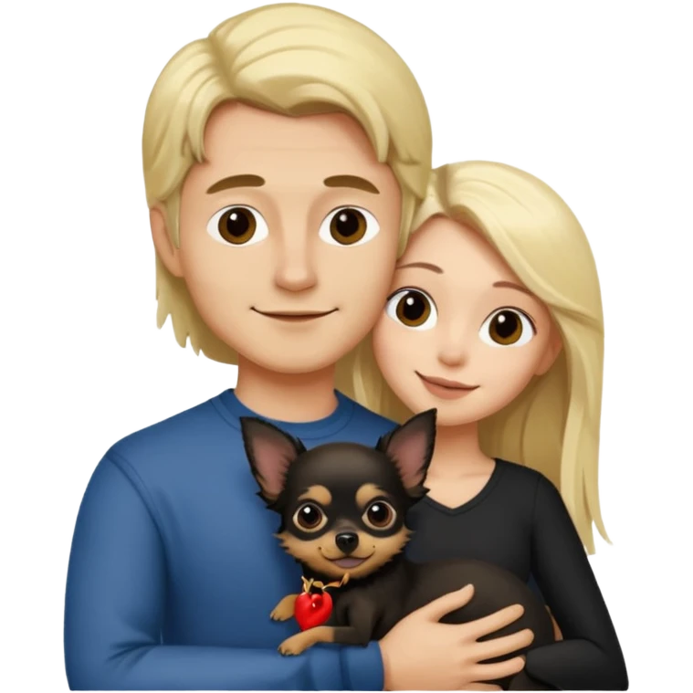 Hombre con pelo largo rubio chica de pelo castaño oscuro  y chihuahua negro amor emoji