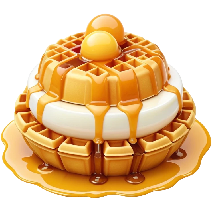 3D rendered hyper-realistic Hong Kong egg waffle with condensed milk drizzle, glossy golden bubbles, vibrant colors, candy-like texture, detailed bubble surfaces, fun presentation, soft lighting emoji