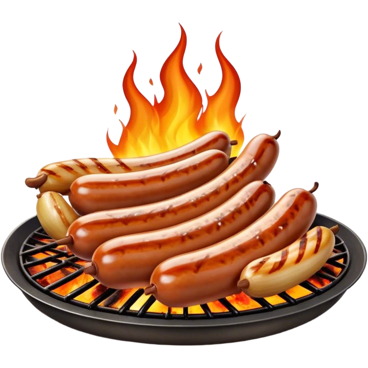 Cinematic Realistic Sausage Sizzle Dish Emoji, featuring sizzling sausages cooking over an open flame rendered with dynamic textures and warm, smoky lighting. emoji