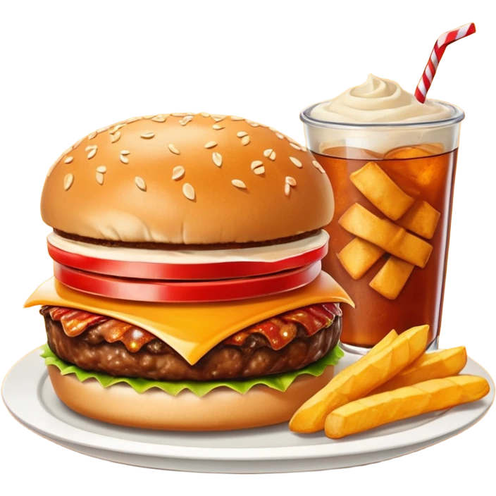 BBQ BACON BURGER, LARGE ORDER OF FRIES, ORANGE SODA WITH NO ICE, AND PIECE OF HOT APPLE PIE. emoji