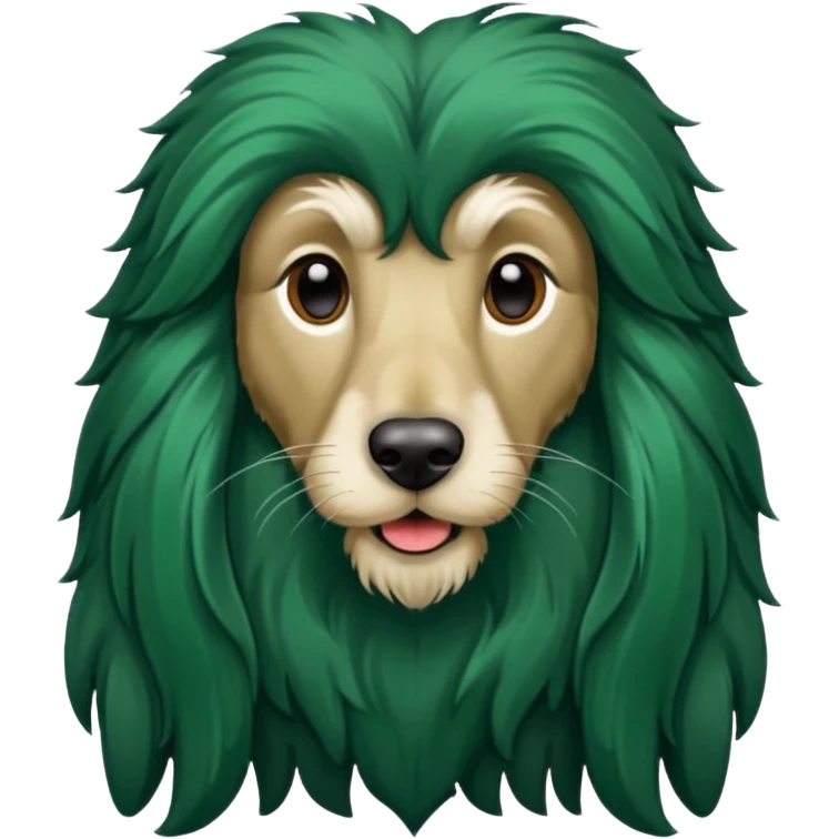 dark green dog extra furry afghan hound. The dog fur is totally dark green emoji